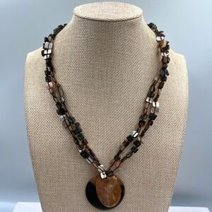 VTG Brown Black Abalone Shell Pendant Necklace Multi Strand Beaded Natural Tone